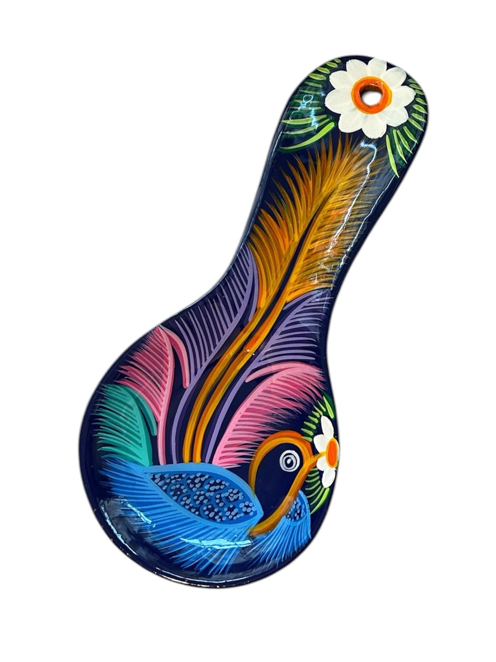 Hand-Painted Blue & Multicolor Ceramic Bird Spoon Rest